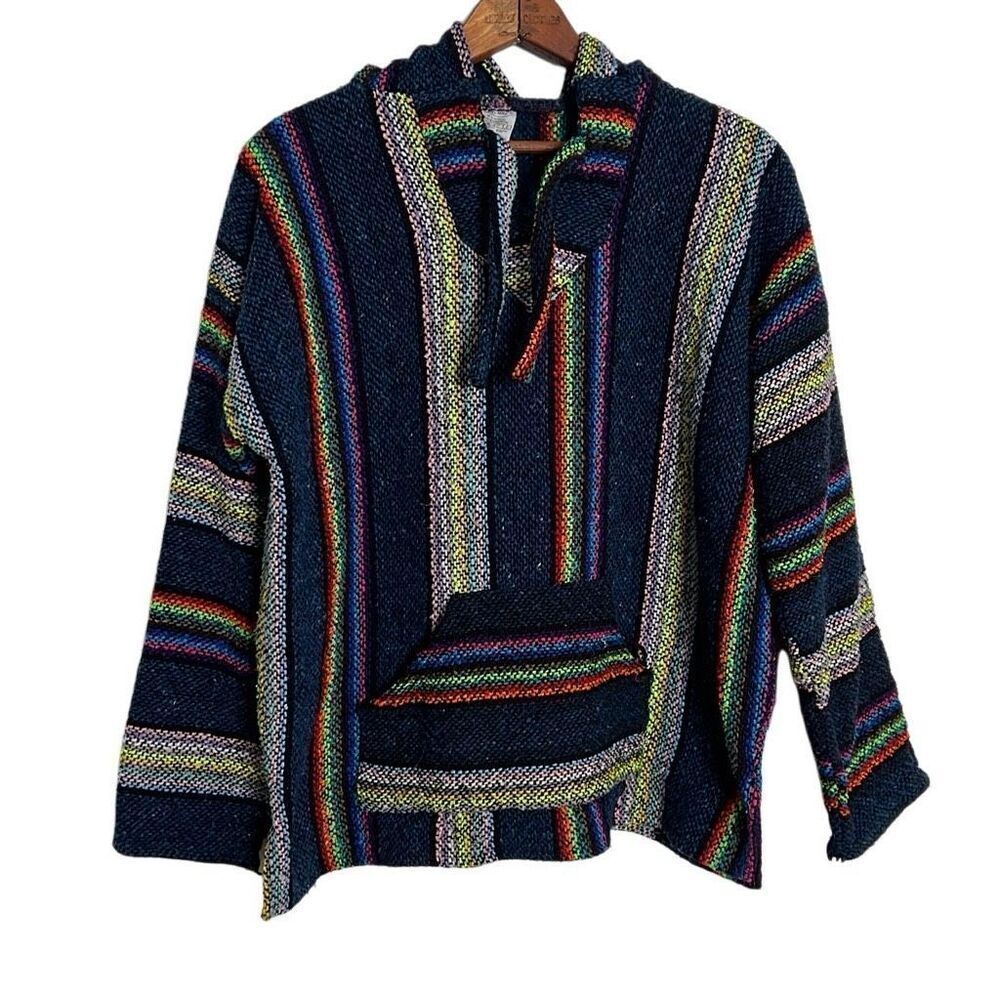 Art Maz Knit Baja Hoodie Mexican Pullover Poncho Sweater Black Yellow Size Large - Picture 2 of 7